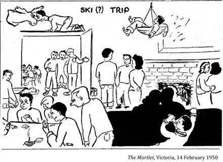:UNIVERSITY LIFE:25 SOCIAL LIFE cards, sports, drama, smokers, frats, pranks, booze, clubs :1950 02 14 ski trip the martlet victoria.jpg
