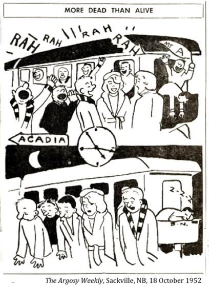 :UNIVERSITY LIFE:25 SOCIAL LIFE cards, sports, drama, smokers, frats, pranks, booze, clubs :1952 10 18 game trips the argosy weekly sackville nl.jpg