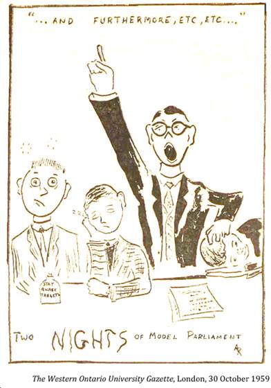 :UNIVERSITY LIFE:25 SOCIAL LIFE cards, sports, drama, smokers, frats, pranks, booze, clubs :1959 10 30 model parliament univ of w ont gazette london.jpg