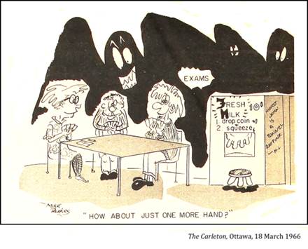 :UNIVERSITY LIFE:25 SOCIAL LIFE cards, sports, drama, smokers, frats, pranks, booze, clubs :1966 03 18 exams the carleton ottawa.jpg