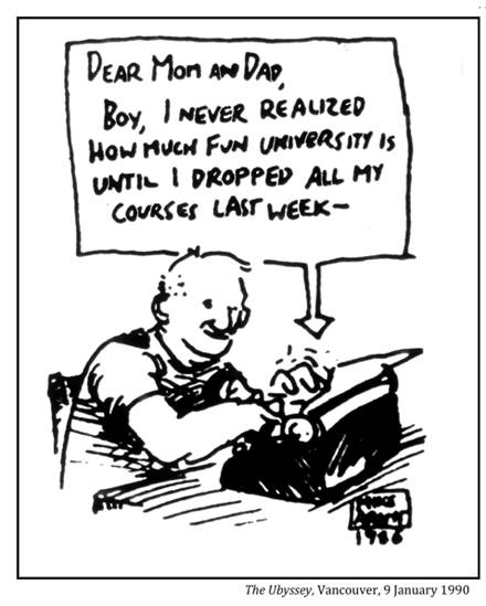 :UNIVERSITY LIFE:25 SOCIAL LIFE cards, sports, drama, smokers, frats, pranks, booze, clubs :1990 01 09 dropped courses the ubyssey.jpg